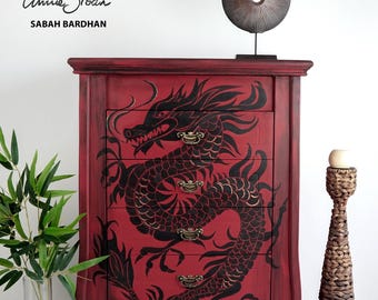 Hand Painted Chest of Drawers – Dragon Design Red & Black Dresser | Statement Bedroom Furniture | Oriental Inspired Storage Cabinet