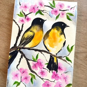 Yellow Birds in Cherry Blossom – Original Watercolor Painting, Spring Wall Art, Nature Bird Art, Hand-Painted Home Decor
