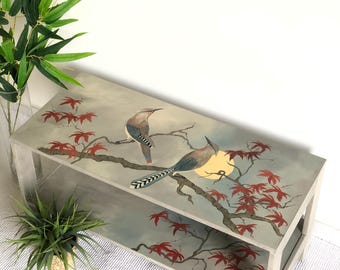 Hand Painted Console Table – Chinoiserie Birds and Branches | Gold Leaf Entryway Table | Vintage Blue Floral Hall Table Decor