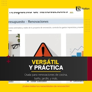 Puede incluir: Un cartel de advertencia triangular rojo con un signo de exclamación dentro. El texto "VERSÁTIL Y PRÁCTICA" está debajo del cartel. El texto "Usala para renovaciones de cocina, baño, jardín, y más." está debajo del texto. El texto "¡Cubre todas tus necesidades de renovación!" está en la parte inferior de la imagen.