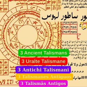 Può includere: Un'illustrazione dettagliata con antichi talismani e simboli mistici. L'immagine ha uno sfondo simile a pergamena con scrittura araba e disegni geometrici. Etichette rettangolari colorate recitano "3 Ancient Talismans" e altre varianti.