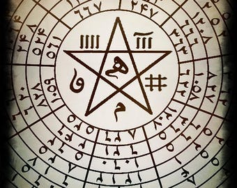 May include: A circular, sepia-toned illustration featuring a central pentagram overlaid with symbols and text. Concentric circles and radial lines divide the background, filled with numbers and additional symbols. The overall design evokes a mystical or occult theme.