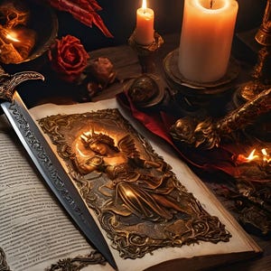 May include: An open antique book with a golden embossed image of an angel with wings, a sword, and a candle on a wooden table with other candles and decorative items.