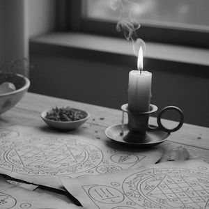 Könnte beinhalten: Eine brennende weiße Kerze in einem Messing-Kerzenhalter, die Rauch abgibt. Die Kerze steht auf einem Holztisch mit einer kleinen Schale Kräutern und mehreren Blättern Papier mit kreisförmigen Diagrammen.