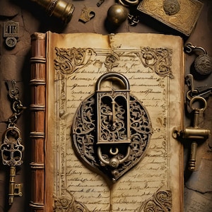 Könnte beinhalten: Ein antikes, verziertes Messing-Schloss mit filigranen Details, das auf einem geöffneten, alten, ledergebundenen Buch mit handschriftlichem Text liegt. Das Schloss ist umgeben von anderen antiken Messinggegenständen, darunter Schlüssel, ein kleines Teleskop und eine dekorative Kette.