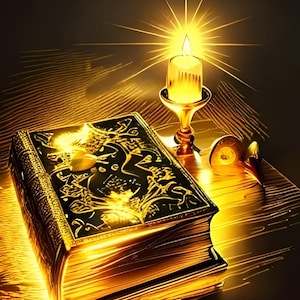 May include: A golden book with intricate designs on the cover is illuminated by a lit candle in a golden candlestick. The book is resting on a wooden surface.