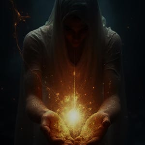 Puede incluir: Una persona con una túnica blanca con capucha sostiene un orbe brillante de luz en sus manos ahuecadas. La luz emana del centro, con chispas y vetas que se extienden hacia afuera. El fondo es oscuro.