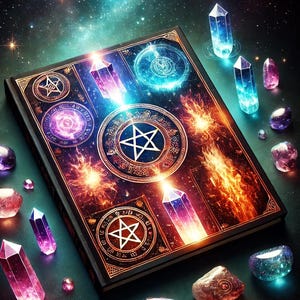 Può includere: Un diario rilegato in pelle nera con un design a pentagramma e cristalli luminosi su uno sfondo verde scuro. La copertina del diario presenta un pentagramma, energia vorticosa e un cielo stellato.
