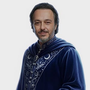 Peut inclure: Une robe en velours bleu profond ornée de broderies argentées complexes le long du col et du panneau avant. Le motif comprend des croissants de lune et des fleurs, avec un col montant et une apparence structurée et superposée aux épaules.