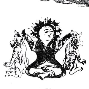 Può includere: Illustrazione in bianco e nero di una persona con un'aureola a forma di sole seduta con due animali su entrambi i lati. La persona indossa un indumento a maniche lunghe e ha un viso semplice. Gli animali sono stilizzati e hanno orecchie lunghe.
