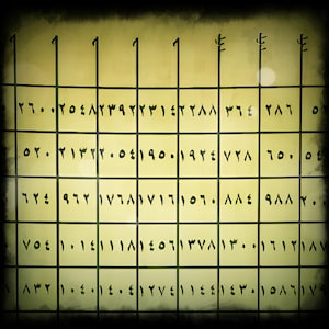 May include: A yellow grid with black lines forming cells filled with numbers and symbols. The top row has vertical lines and symbols. The numbers are in a dark font. The design has a vintage feel, with a slightly aged appearance.