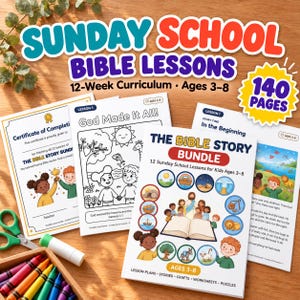 Può includere: Un programma di 12 settimane di lezioni bibliche per la scuola domenicale per bambini dai 3 agli 8 anni, con 140 pagine di piani di lezione, storie, lavoretti, schede didattiche e puzzle, incluso un certificato di completamento.
