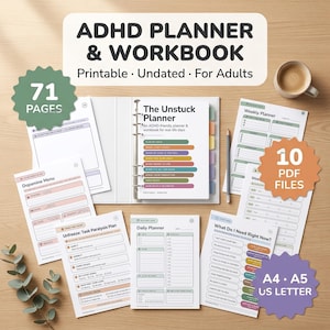 Könnte beinhalten: Ein ADHD-Planer und Arbeitsbuch-Set mit 71 druckbaren Seiten in 10 PDF-Dateien. Enthält A4-, A5- und US-Letter-Formate. Die Sammlung umfasst verschiedene Vorlagen wie ein Dopamin-Menü, einen Plan gegen Aufgabenlähmung und Tagesplaner.