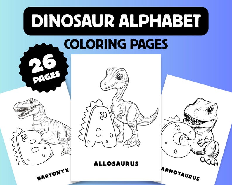 Dinosaur Alphabet Coloring Sheets, 26 Cute Dino Illustrations