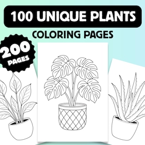 May include: Black and white line drawings of plants on white paper. The text at the top reads "100 UNIQUE PLANTS COLORING PAGES". The image includes a Monstera plant, a peace lily, and an aloe vera plant. The image also includes the text "200 PAGES".