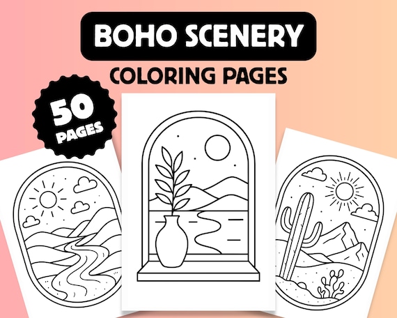 50 Minimalist Boho Scenery Coloring Pages: Easy Bold Designs (Printable PDF, Instant Download)