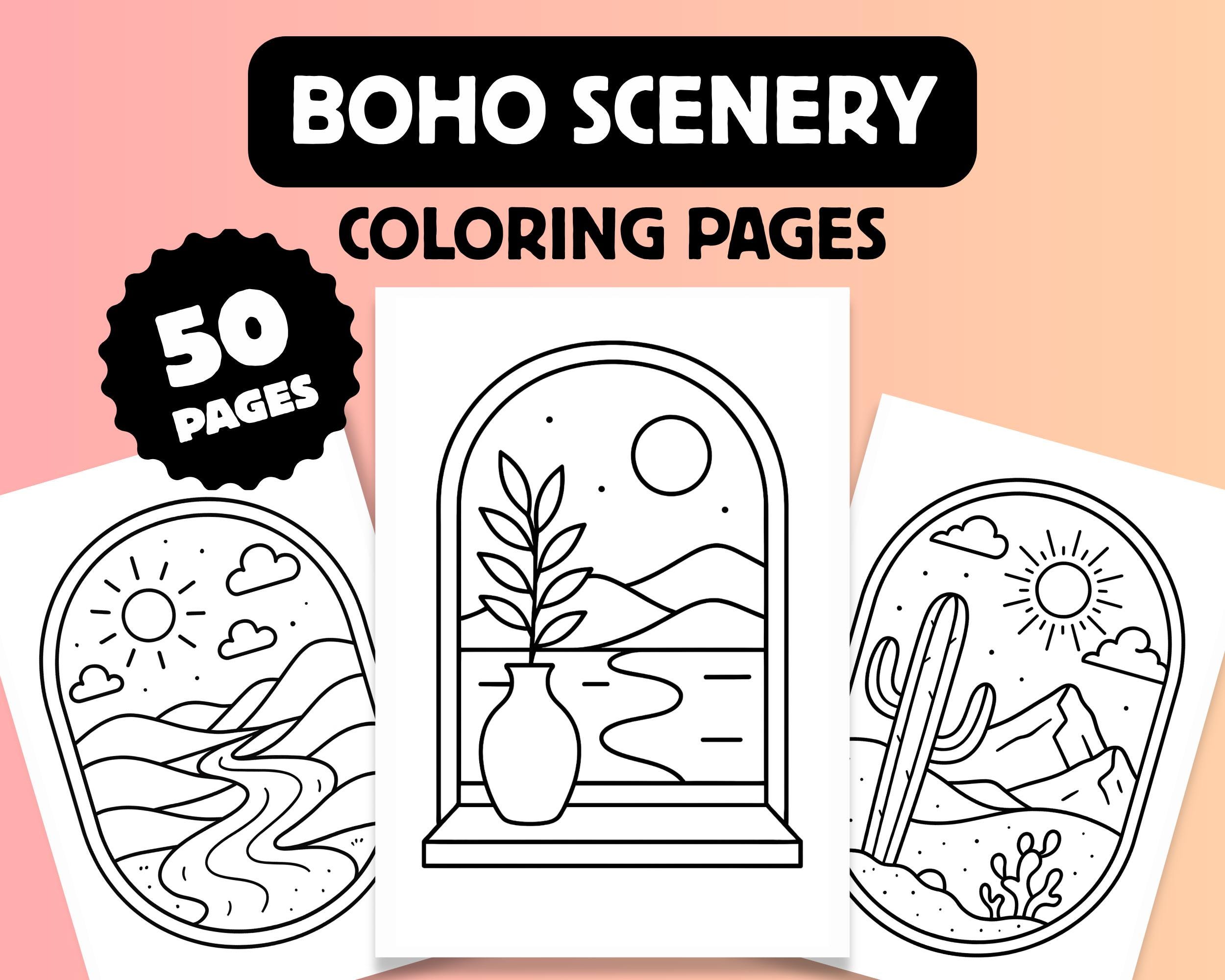 50 Minimalist Boho Scenery Coloring Pages – Bold, Easy Printable PDF for Kids & Adults, Instant Download Cozy Coloring Sheets