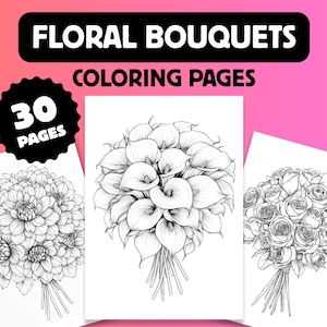 30 elegante Blumensträuße Malpaket, Botanische Blumen zum Ausmalen, druckbare PDF-Datei, digitale Malblätter für Erwachsene und Kinder