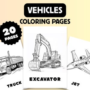 Folha de colorir de veículos, 20 ilustrações de veículos fofas e aconchegantes, download digital instantâneo para impressão em PDF para diversão e educação para crianças