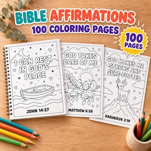 May include: Three spiral-bound coloring books titled Bible Affirmations 100 Coloring Pages. The covers feature black and white line art with text including I Can Rest In God's Peace, God Takes Care Of Me, and God Makes Me Strong And Sure-Footed.