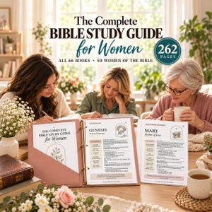 May include: A pink three-ring binder containing The Complete Bible Study Guide for Women, featuring 262 pages, 66 books, and 50 women of the Bible. The open binder displays pages about Genesis and Mary, Mother of Jesus, with floral illustrations.
