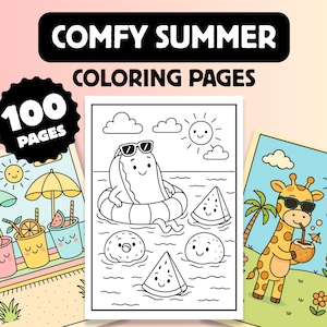 100 Fun Summer Coloring Pages, Bold and Easy Coloring Book, Summer Activities, Printable PDF, Instant Download, Retro and Comfy Coloring