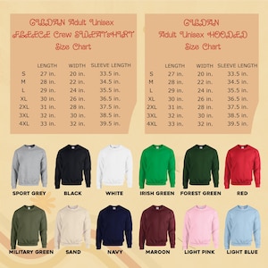 May include: Size chart for Gildan adult unisex fleece crew sweatshirts and hooded sweatshirts. The chart shows the length, width, and sleeve length in inches for sizes S, M, L, XL, 2XL, 3XL, and 4XL. The chart also includes a color swatch for each size.