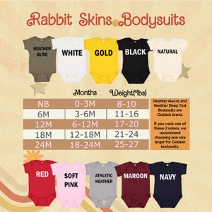 May include: A chart showing sizes and weights for baby bodysuits in various colors, including white, gold, black, natural, red, soft pink, athletic heather, maroon, and navy. The chart includes the following sizes: NB, 6M, 12M, 18M, and 24M. The chart also includes the following weights: 8-10 lbs, 11-16 lbs, 17-20 lbs, 21-24 lbs, and 25-27 lbs.