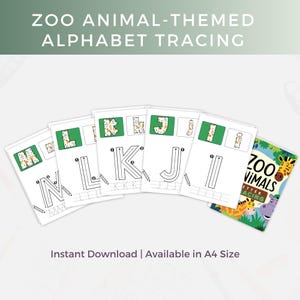 Feuille de travail de traçage de l'alphabet avec les animaux du zoo feuille d'exercices d'écriture manuscrite imprimable carte ABC préscolaire lettre majuscules minuscules classeur de traçage des lettres