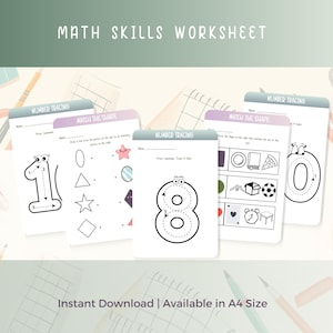 May include: A printable worksheet for kids to practice number tracing and matching shapes. The worksheet features the numbers 1, 8, and 0, along with various shapes like circles, triangles, stars, and diamonds. The worksheet is designed for preschool and kindergarten children.