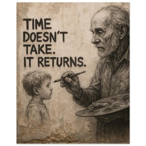 Manifesto di street art senza cornice con citazione "Il tempo non prende. Ritorna." – anziano che dipinge un bambino, decorazione murale ispiratrice.