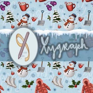 May include: A light blue winter pattern featuring snowmen, ice skates, mittens, hot chocolate, and snowflakes. The image includes the text "Xydgraph" and a stylized pen and ribbon design.