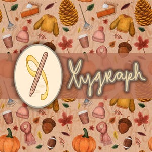 Peut inclure: Un motif sur le thème de l'automne avec des citrouilles, des glands, des feuilles d'érable et d'autres éléments automnaux. Le design comprend un cercle avec un crayon et un ruban, et le mot "Xydgraph" dans une police stylisée. La palette de couleurs comprend des tons chauds d'orange, de marron et de jaune.