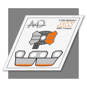 May include: A white sticker sheet with a black and orange design for a Star Wars ARC Trooper helmet. The sheet includes the text "212th Battalion SW ARC Trooper" and "CUSTOMDESIGN".