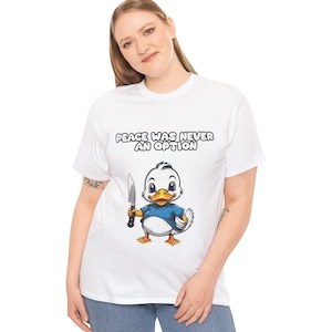 Knife Duck T-Shirt, Funny Animal Shirt, Quirky Meme Tee, Cute Duck Humor Top, Unisex Cotton Shirt
