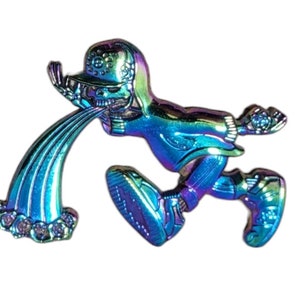 May include: A rainbow iridescent metal pin of a cartoon skeleton wearing a baseball cap and sneakers, vomiting a rainbow.