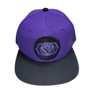 May include: A purple and black baseball cap with a flat brim. The cap features a circular patch with a white and purple design. The cap has a black button on top.