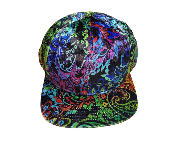Featured listing image: Strapback Flat-Brim Hat - Black Rainbow Paisley Velvet - Limited Edition