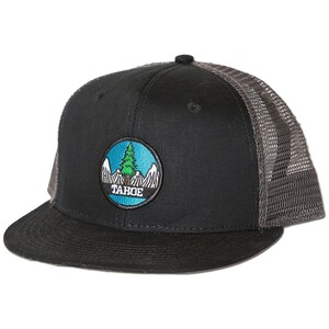 Tahoe Tree Circle Patch Hat  - Mesh Back Trucker Style Hat - Black/Charcoal Mesh - Snapback
