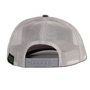 May include: A gray and green mesh trucker hat with a black patch that says "RISE" in green letters. The hat has a gray adjustable strap with the word "RICHARDSON" printed on it.