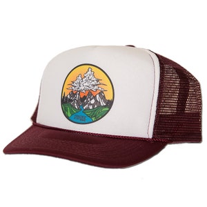 Cloud Mountain Circle - Trucker Hat - Mesh Back - Snap buckle Maroon/White