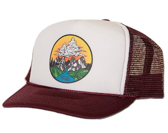 Cloud Mountain Circle - Trucker Hat - Mesh Back - Snap buckle Maroon/White