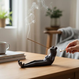 Puede incluir: Un porta incienso de cerámica negra con forma de rana en una pose relajada. La rana sostiene un palito de incienso, con humo ascendente. Se sostiene una cerilla encendida cerca del palito de incienso.