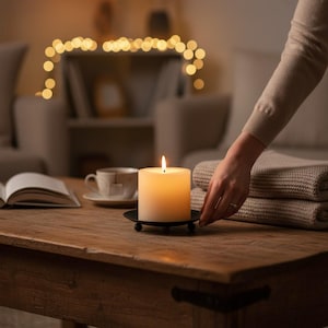 Puede incluir: Una vela de pilar encendida, de color marfil, sobre un soporte de metal negro. La vela está sobre una mesa de madera, con un libro, una taza de té y mantas dobladas cerca. Una mano se extiende hacia la vela. La iluminación cálida crea un ambiente acogedor.