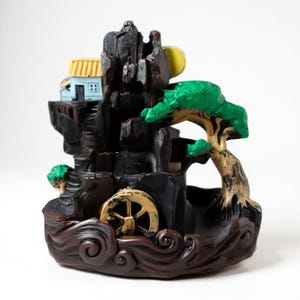Handmade House & Tree Waterfall Backflow Incense Burner: Meditation Decor