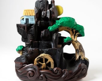 Quemador de incienso con reflujo de cascada de casa y árbol hecho a mano: Decoración para la meditación