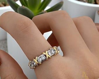 18k Gold Plated X Cross Zircon Ring: Stainless Steel Gemstone Band