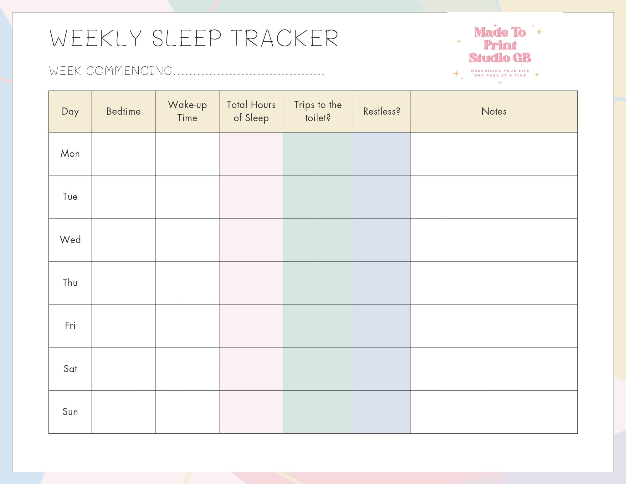 Printable Weekly Sleep Tracker | Blue & Pink Design | Bedtime and Sleep ...