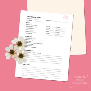 May include: A printable EHCP Tribunal Tracker form with sections for key dates, evidence list, communication log, and notes and to-dos. The form is designed to help track the progress of an EHCP tribunal case.