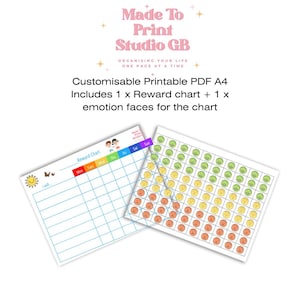 Puede incluir: Tabla de recompensas imprimible PDF A4 con una cuadrícula para recompensas diarias y una hoja separada de caras de emociones. La tabla tiene un borde azul y blanco y las caras de emociones están en un esquema de colores arcoíris.